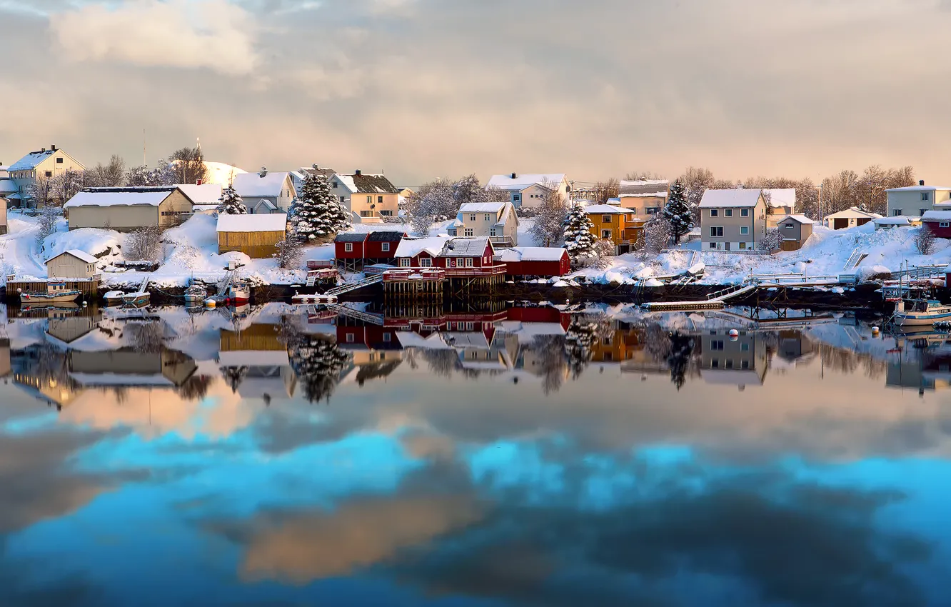 Photo wallpaper winter, snow, reflection, boat, home, Norway, The Lofoten Islands, Lofoten