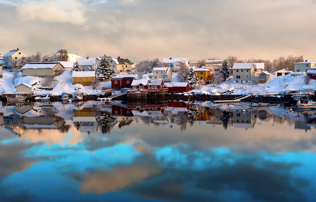 Photo wallpaper winter, snow, reflection, home, boats, Norway, The Lofoten Islands, Lofoten