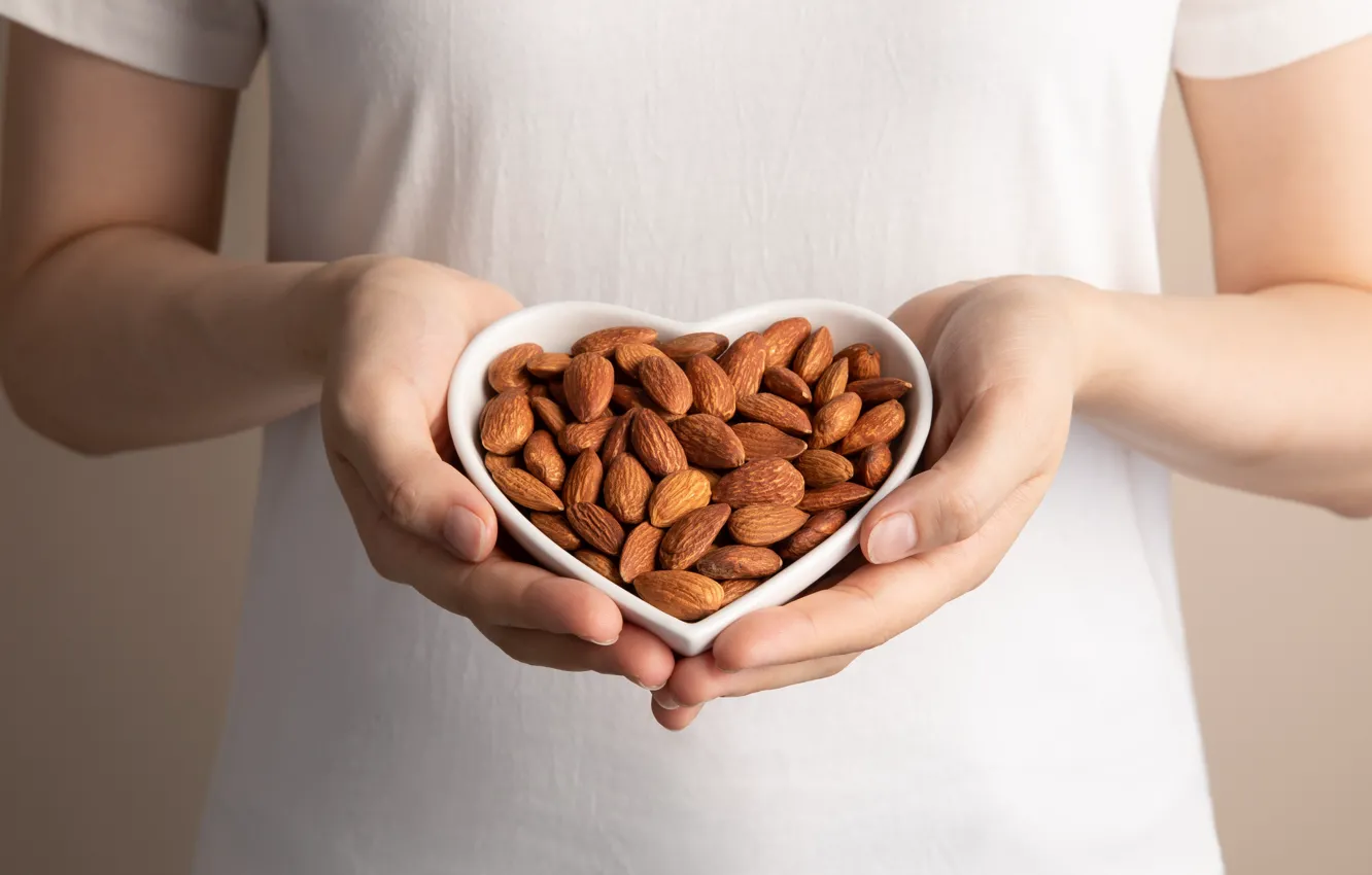 Photo wallpaper hands, nuts, Valentine's day, almonds, nuts, Almonds, Heart-shaped bowl, Heart shaped bowl
