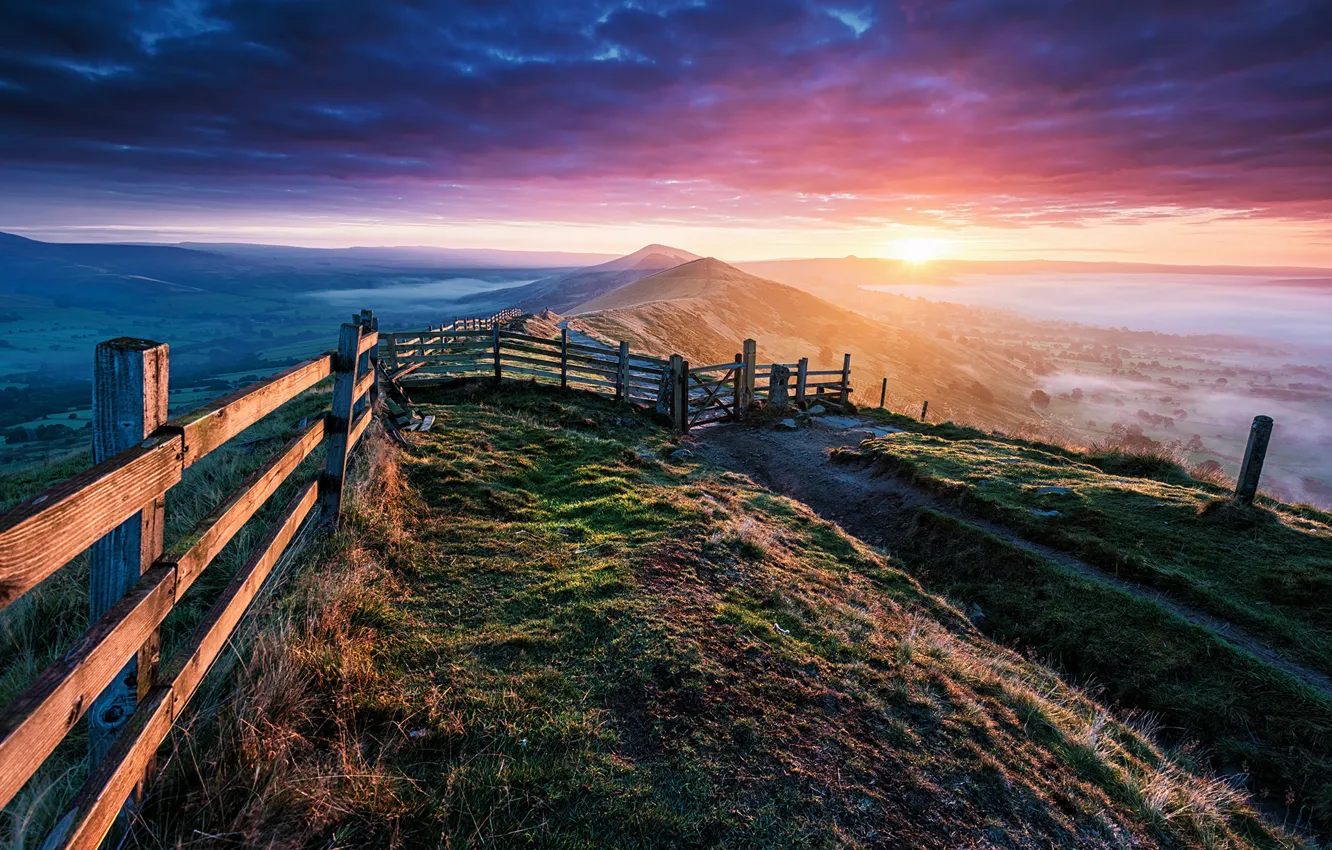 Photo wallpaper mountains, the fence, morning