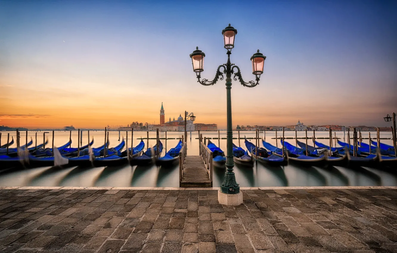 Photo wallpaper dawn, Marina, morning, lights, Italy, Venice, Laguna, promenade