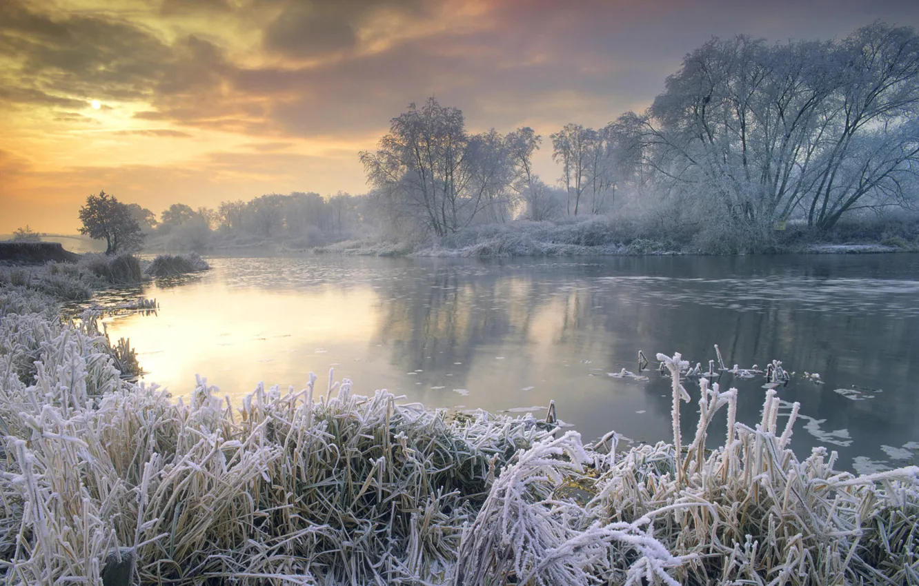 Photo wallpaper winter, frost, lake