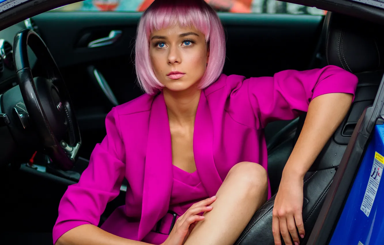 Photo wallpaper machine, auto, look, girl, pose, jacket, pink hair, Alex Budanov