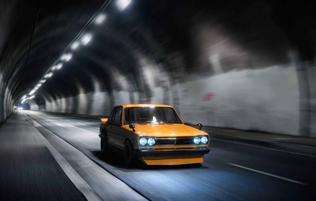 Photo wallpaper Auto, Machine, Orange, Nissan, GT-R, The tunnel, 2000, Skyline