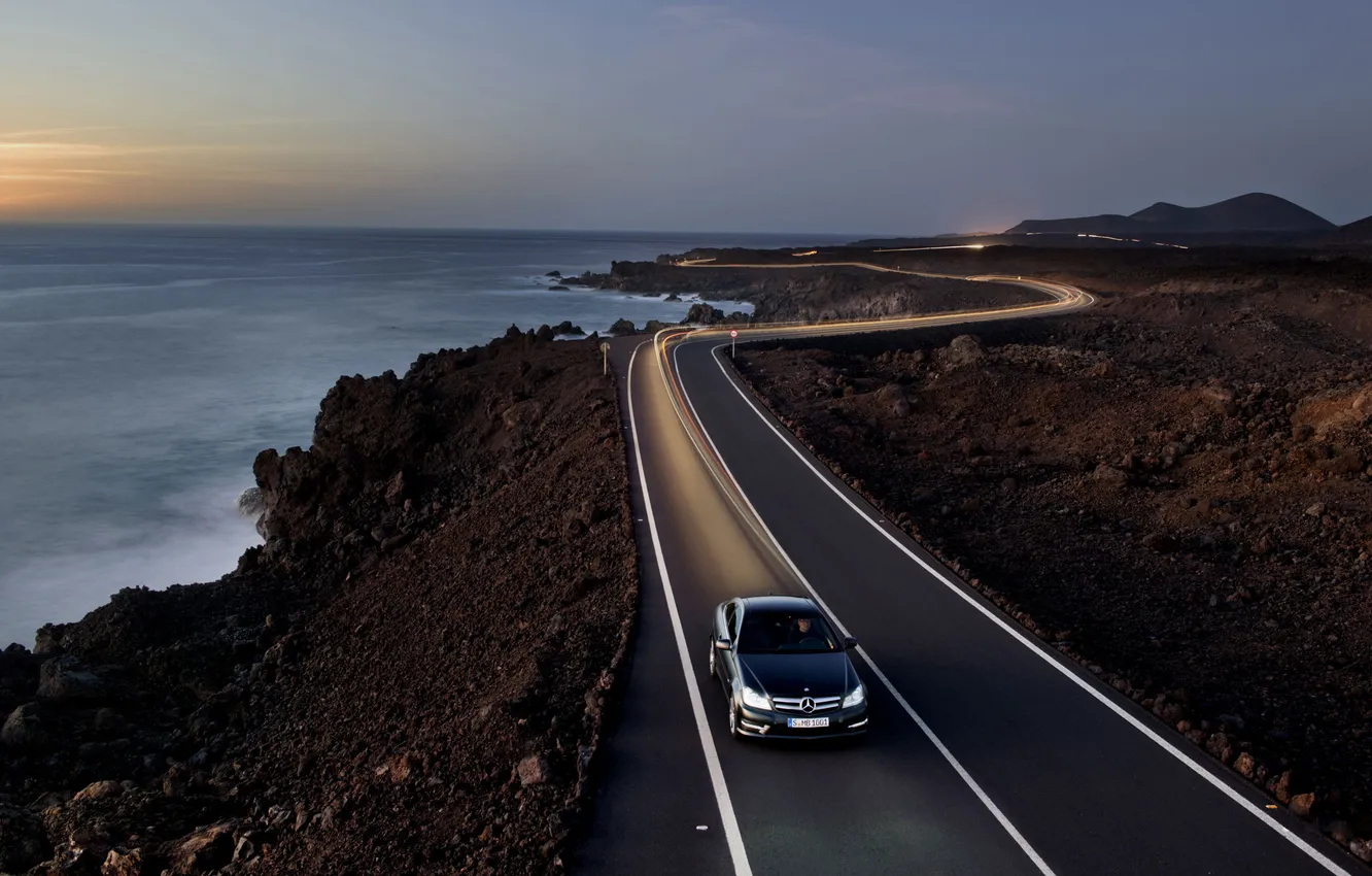 Photo wallpaper road, night, photo, view, Mercedes Benz, car Wallpaper, c coupe