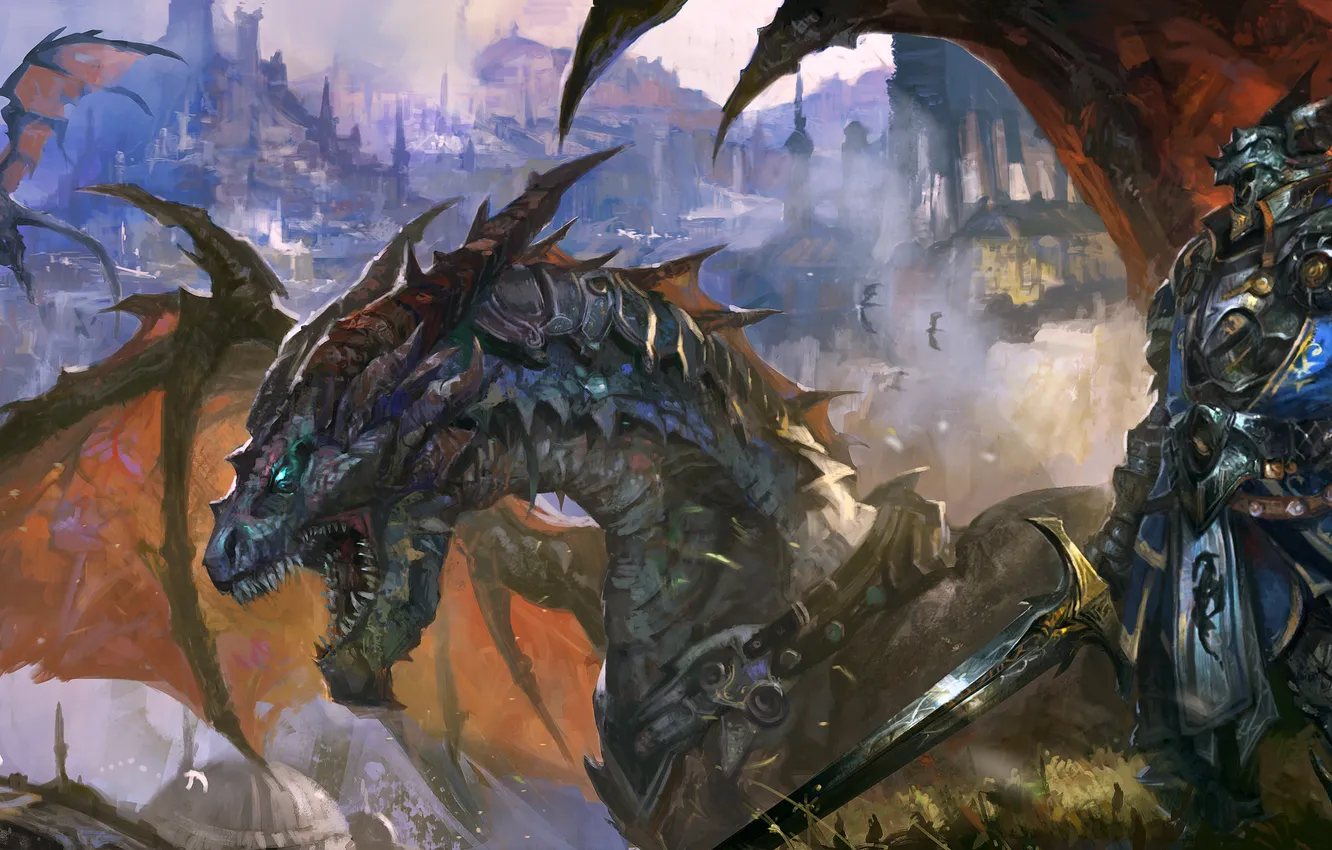 Photo wallpaper the city, dragon, sword, armor, warrior, knight