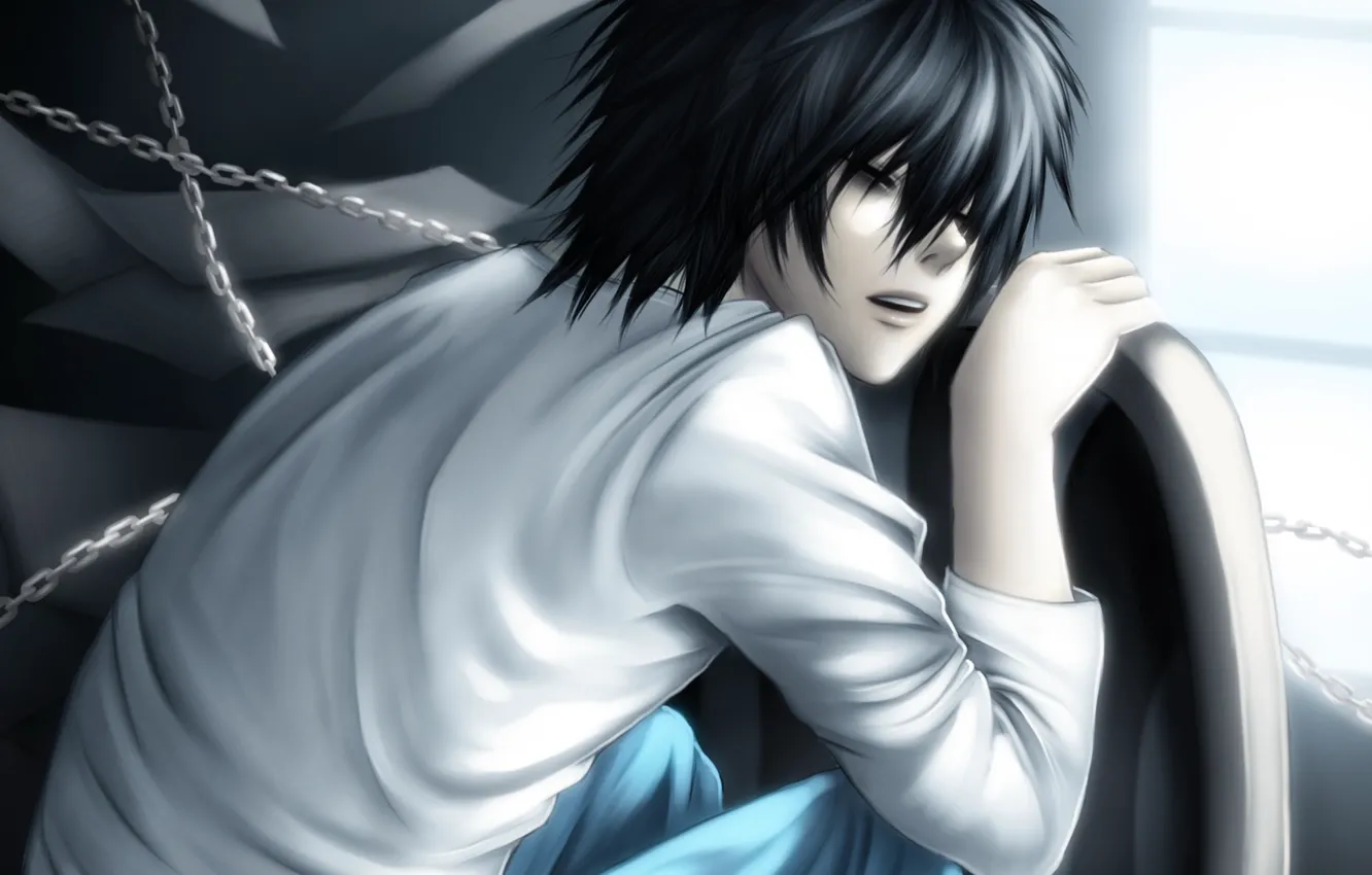 Photo wallpaper light, chair, sleeping, leaves, guy, chain, Death Note, death note