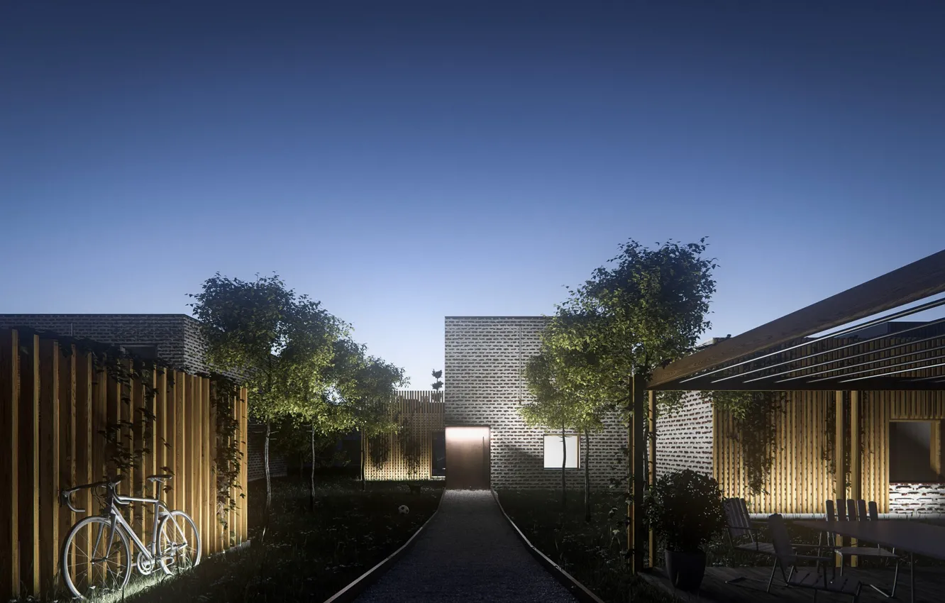 Photo wallpaper trees, bike, track, structure, Degnejorden III