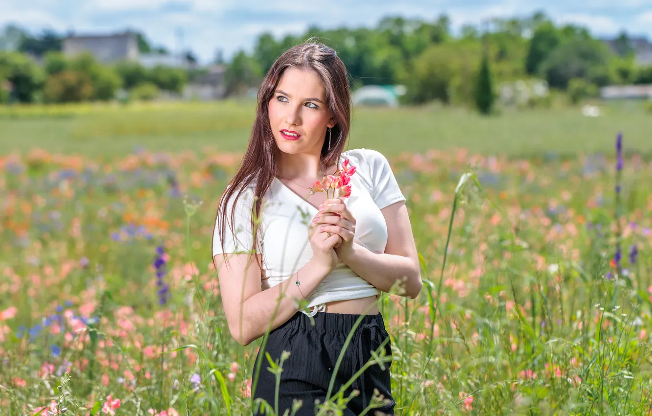 Photo wallpaper bouquet, girl, Eliza, nature, t-shirt, meadow