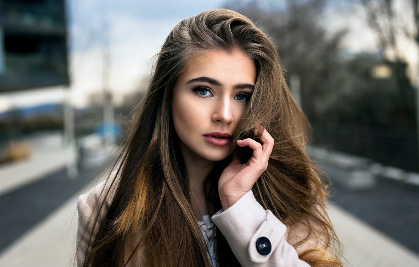 Photo wallpaper girl, street, portrait, makeup, hairstyle, brown hair, coat, bokeh