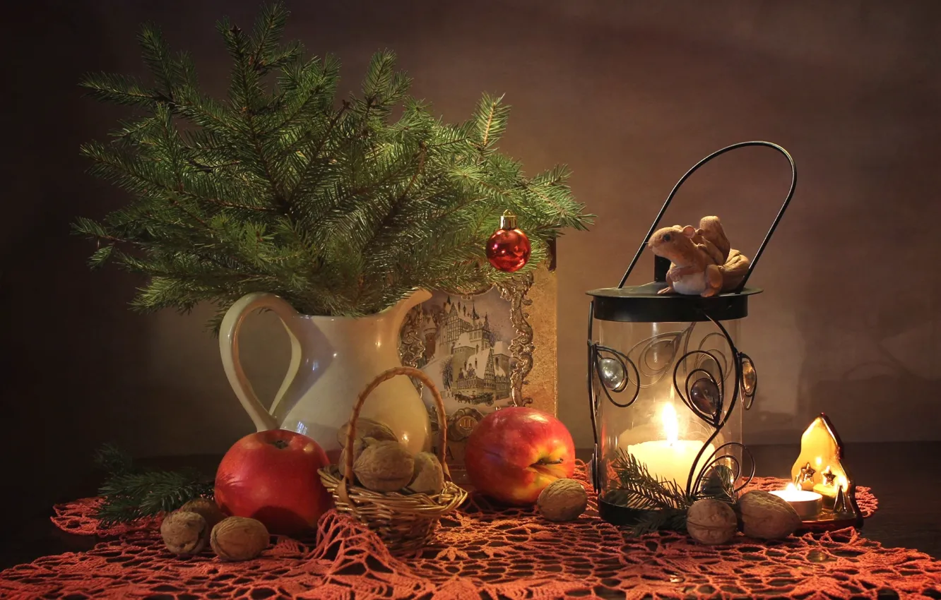 Photo wallpaper apples, tree, protein, lantern, nuts