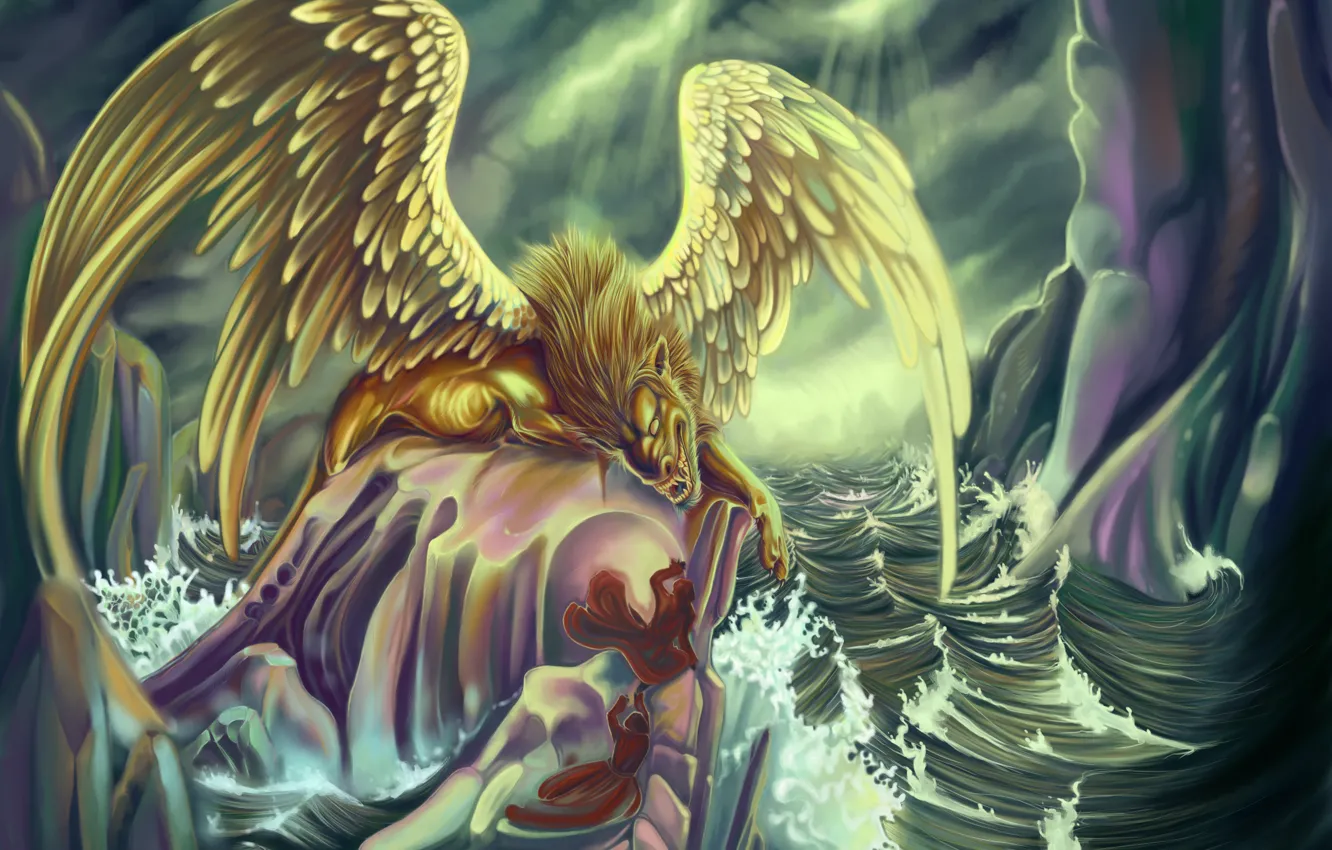 Photo wallpaper wave, water, fiction, rocks, animal, people, wings, art