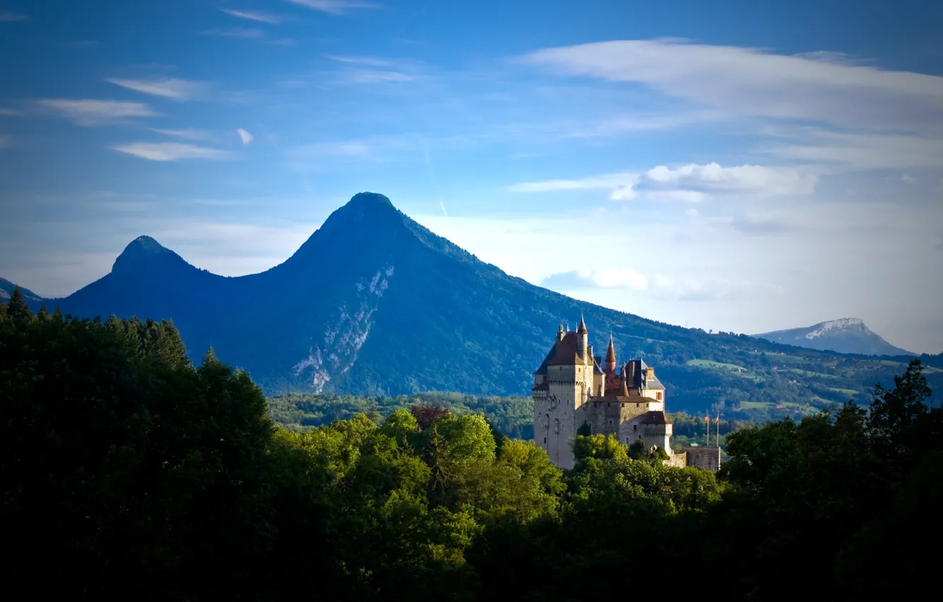 Photo wallpaper forest, the sky, clouds, mountains, France, Alps, Haute-Savoie, Menthon castle