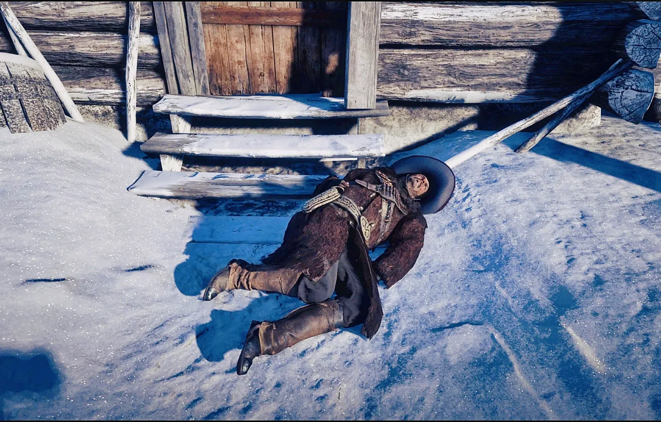 Photo wallpaper HDR, game, winter, snow, hats, UHD, Bandit, Red Dead Redemption 2