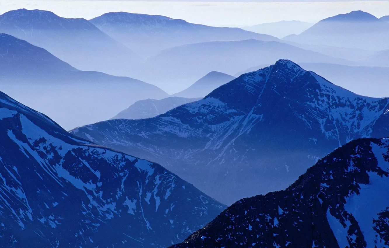 Photo wallpaper blue, fog, Mountains