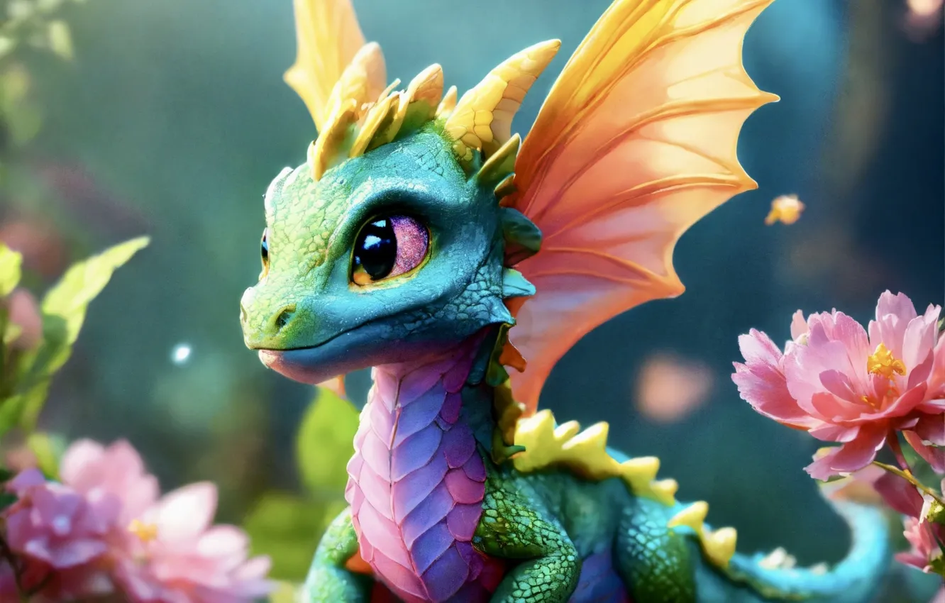 Photo wallpaper flowers, nature, green, dragon, cub, face, dragon, cartoon
