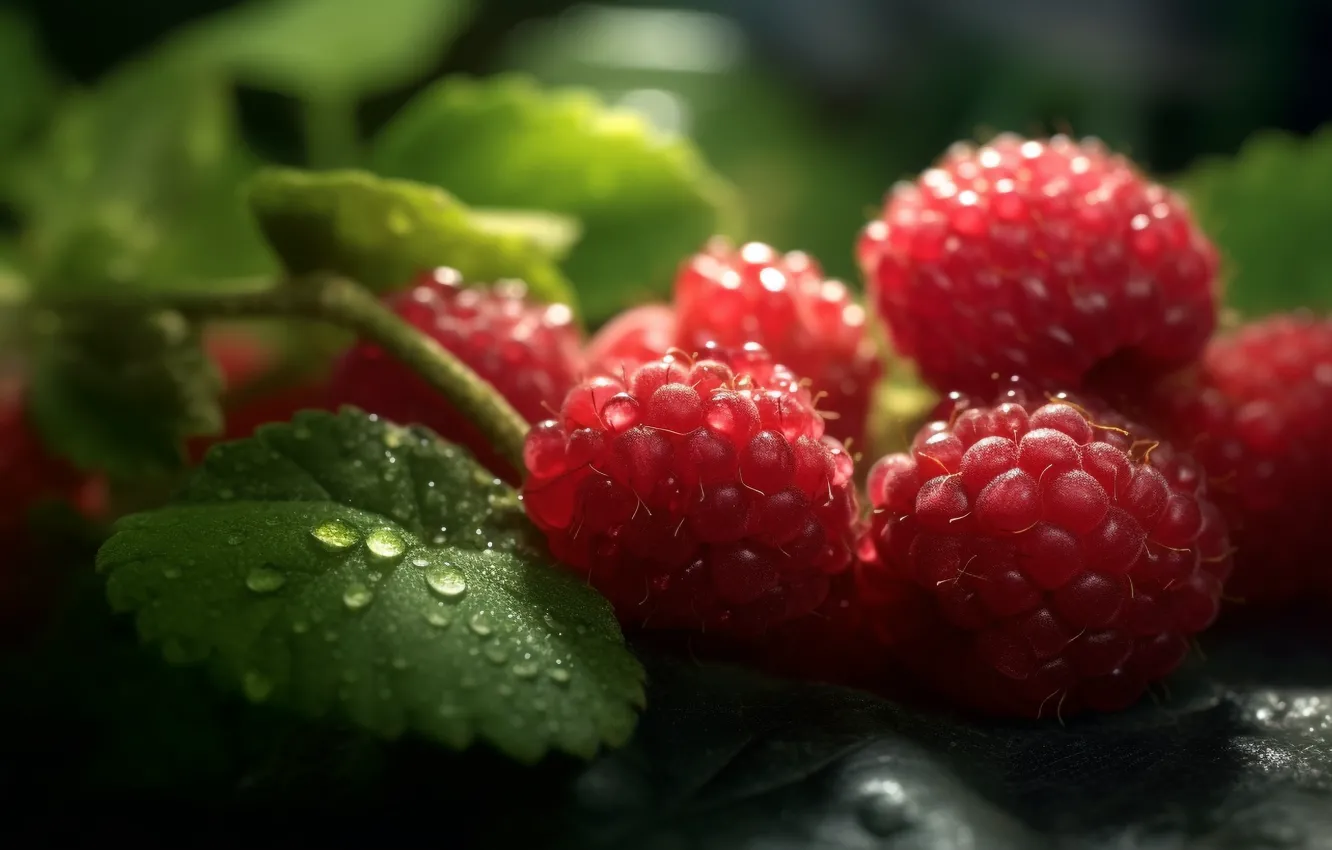 Photo wallpaper leaves, drops, macro, berries, raspberry, juicy, bokeh, AI art