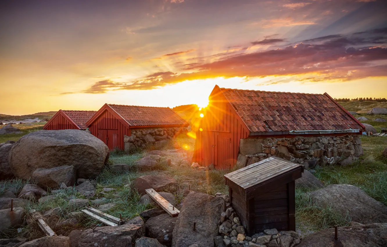 Photo wallpaper the sun, stones, sheds