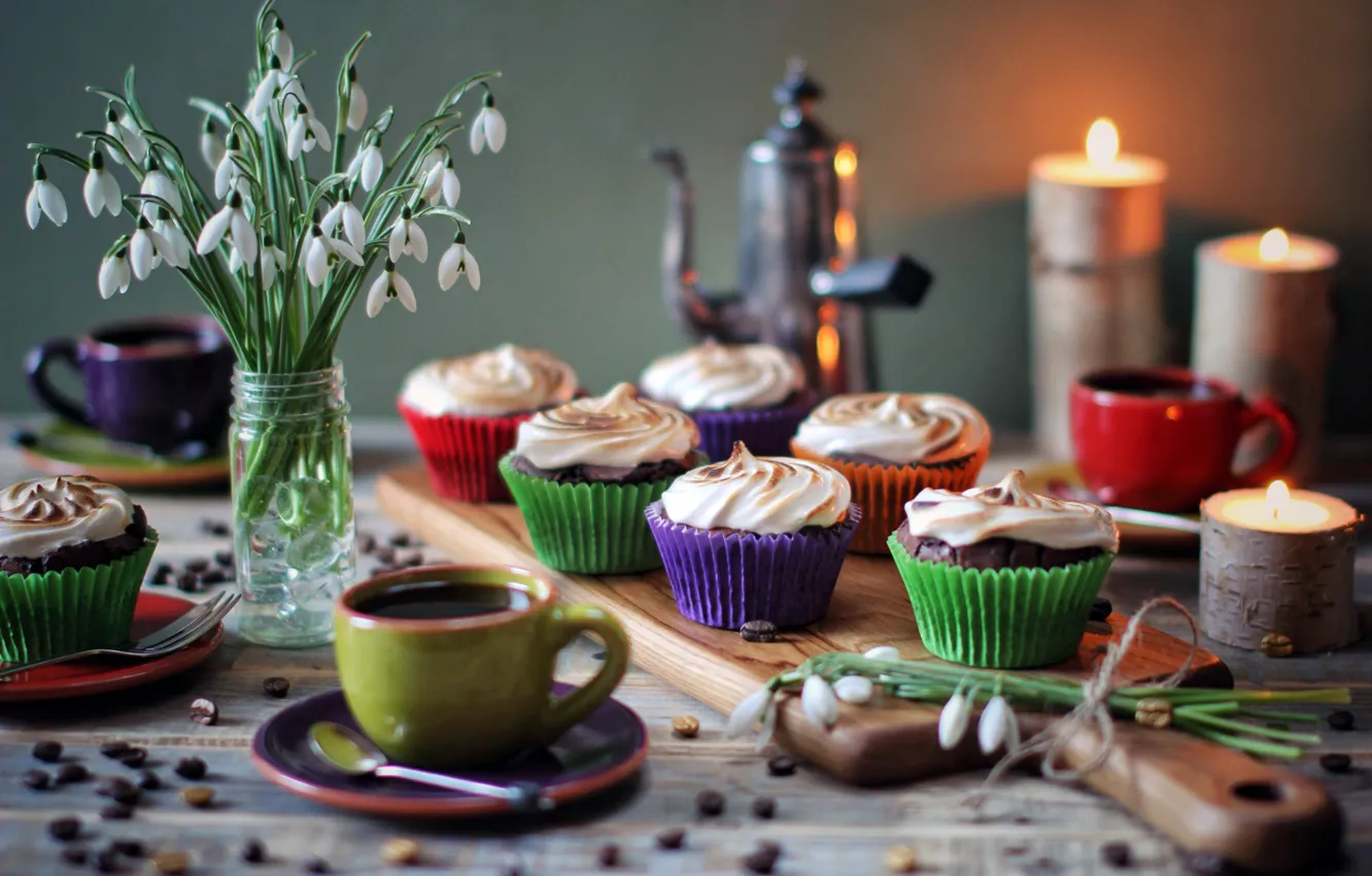 Photo wallpaper flowers, coffee, candles, snowdrops, Cup, cream, dessert, sweet