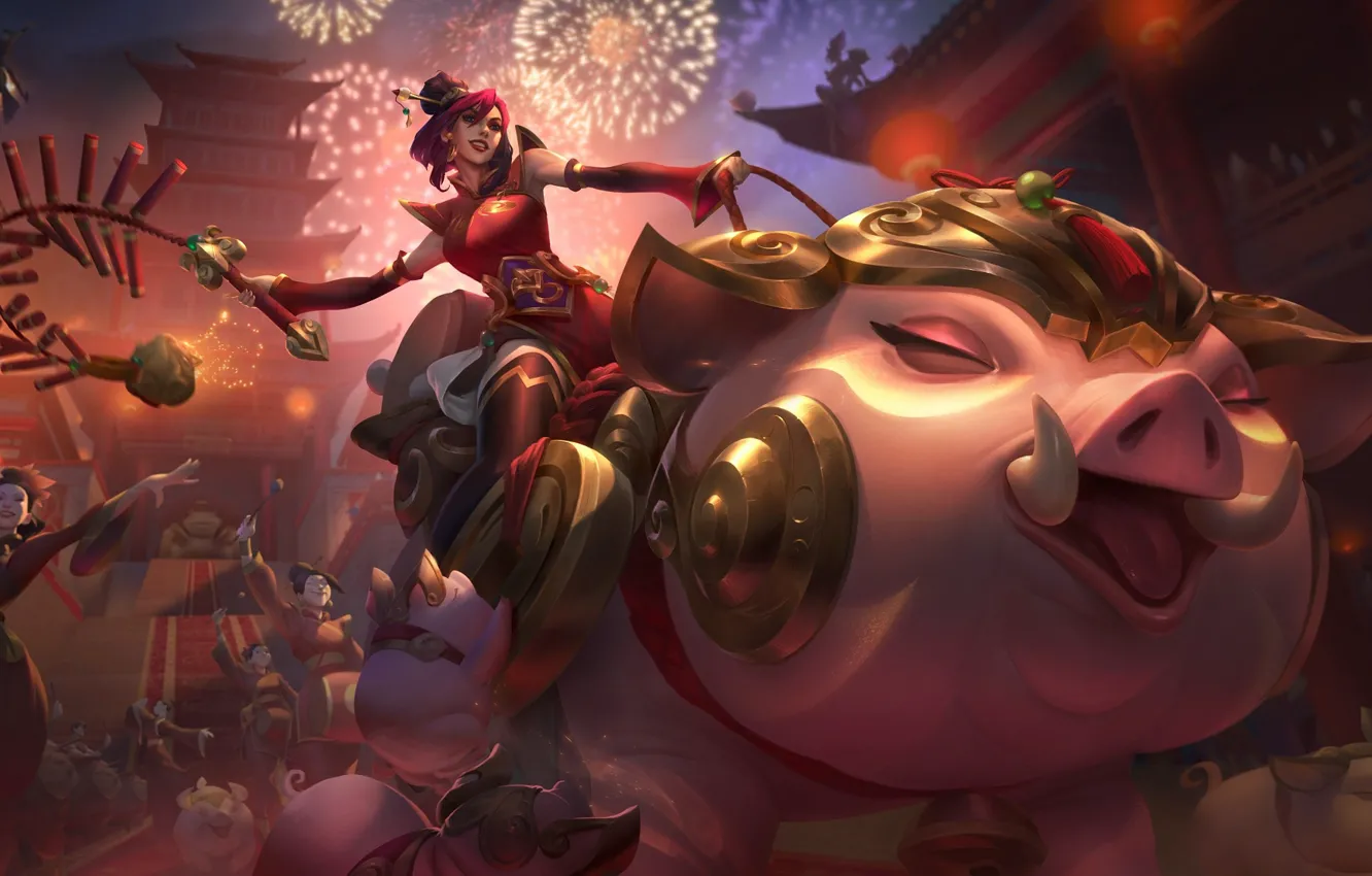 Photo wallpaper girl, salute, pig, rider, League of Legends