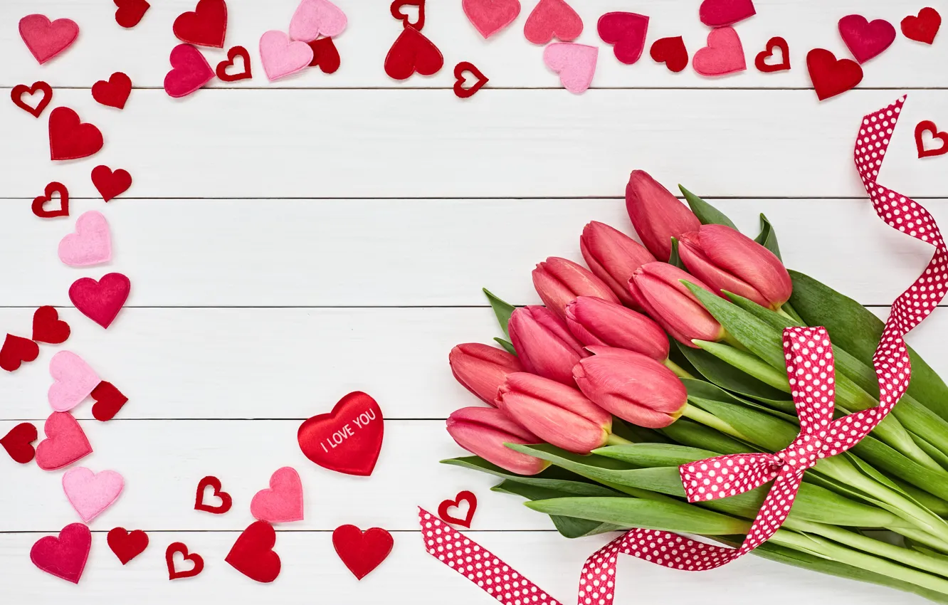 Photo wallpaper love, flowers, bouquet, hearts, tulips, love, pink, wood