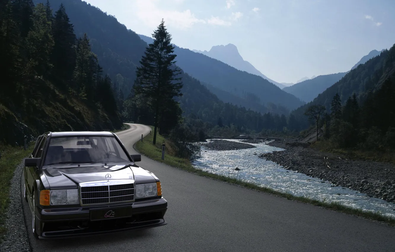 Photo wallpaper Mercedes-Benz, Auto, Road, Mountains, Machine, Mercedes, River, 190E