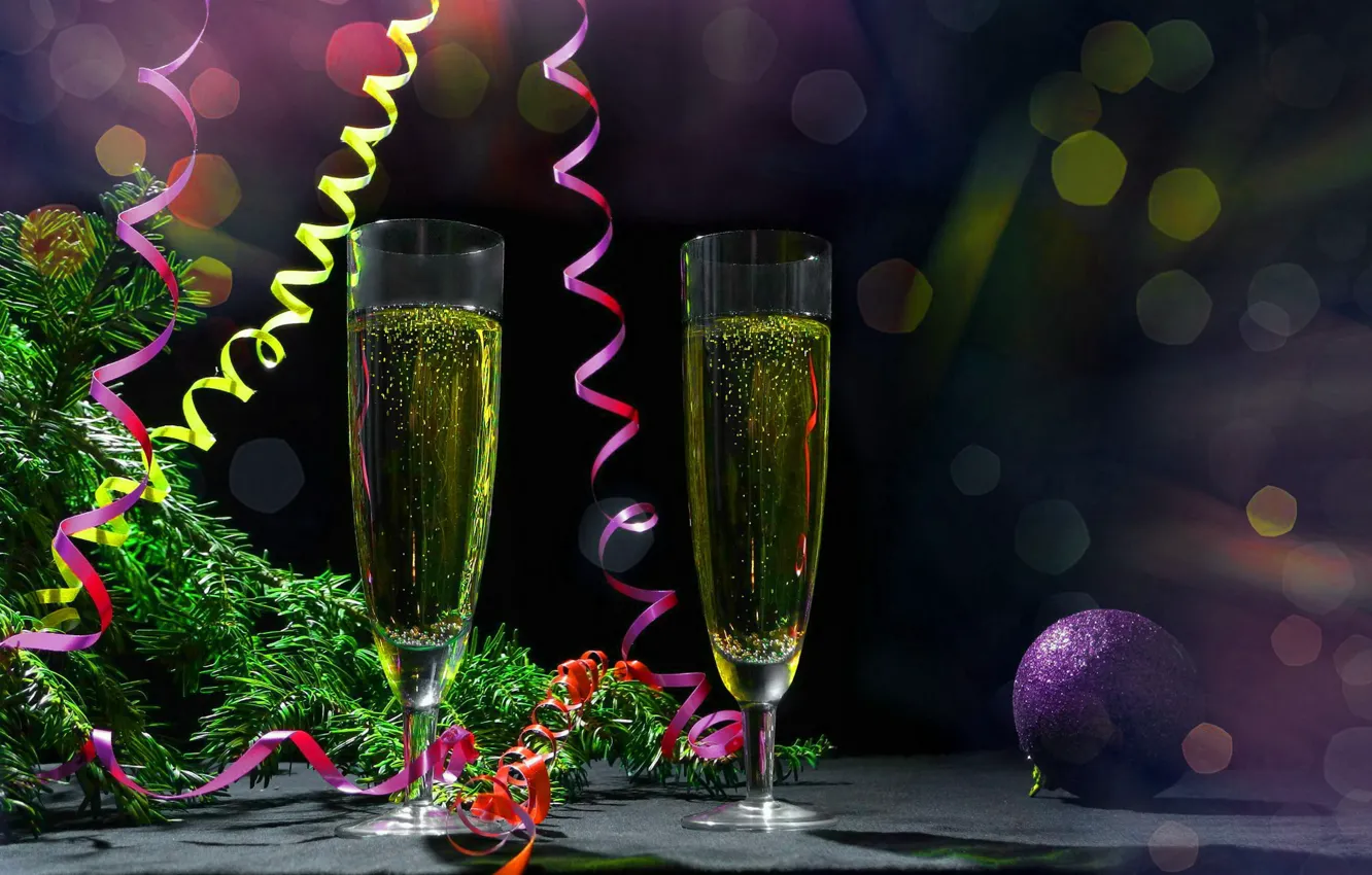 Photo wallpaper branches, holiday, balls, toy, glass, tree, new year, spruce