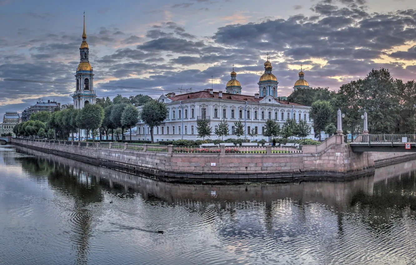 Photo wallpaper dawn, building, morning, Saint Petersburg, panorama, temple, Russia, bridges