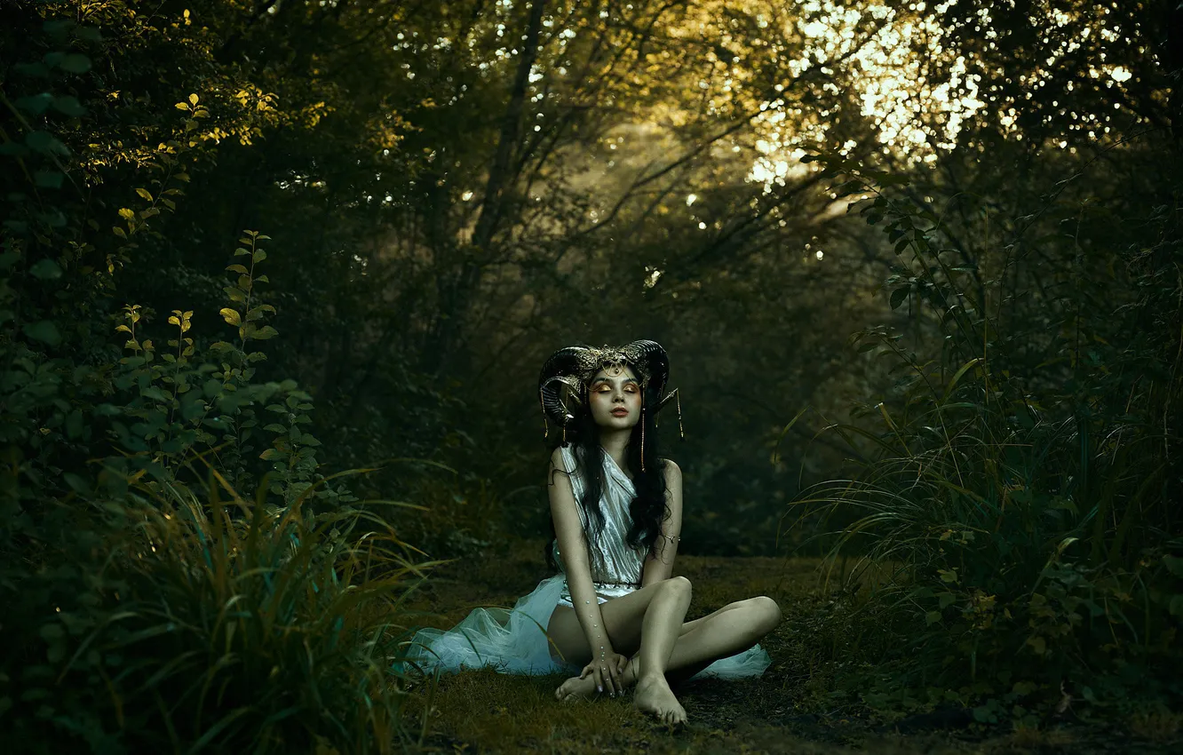 Photo wallpaper forest, girl, branches, style, Park, dress, brunette, fantasy