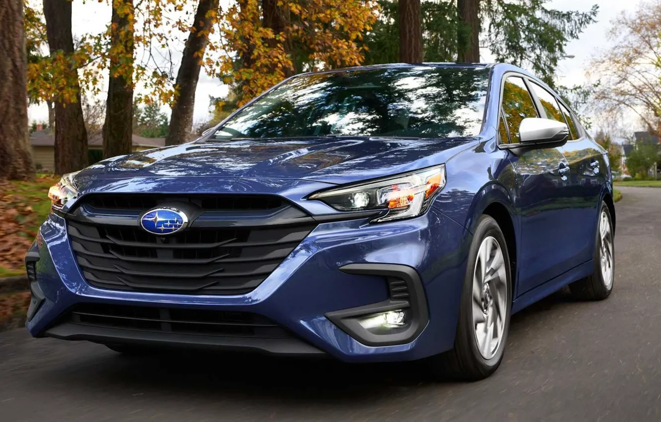 Photo wallpaper road, trees, front view, Subaru Legacy, 2022