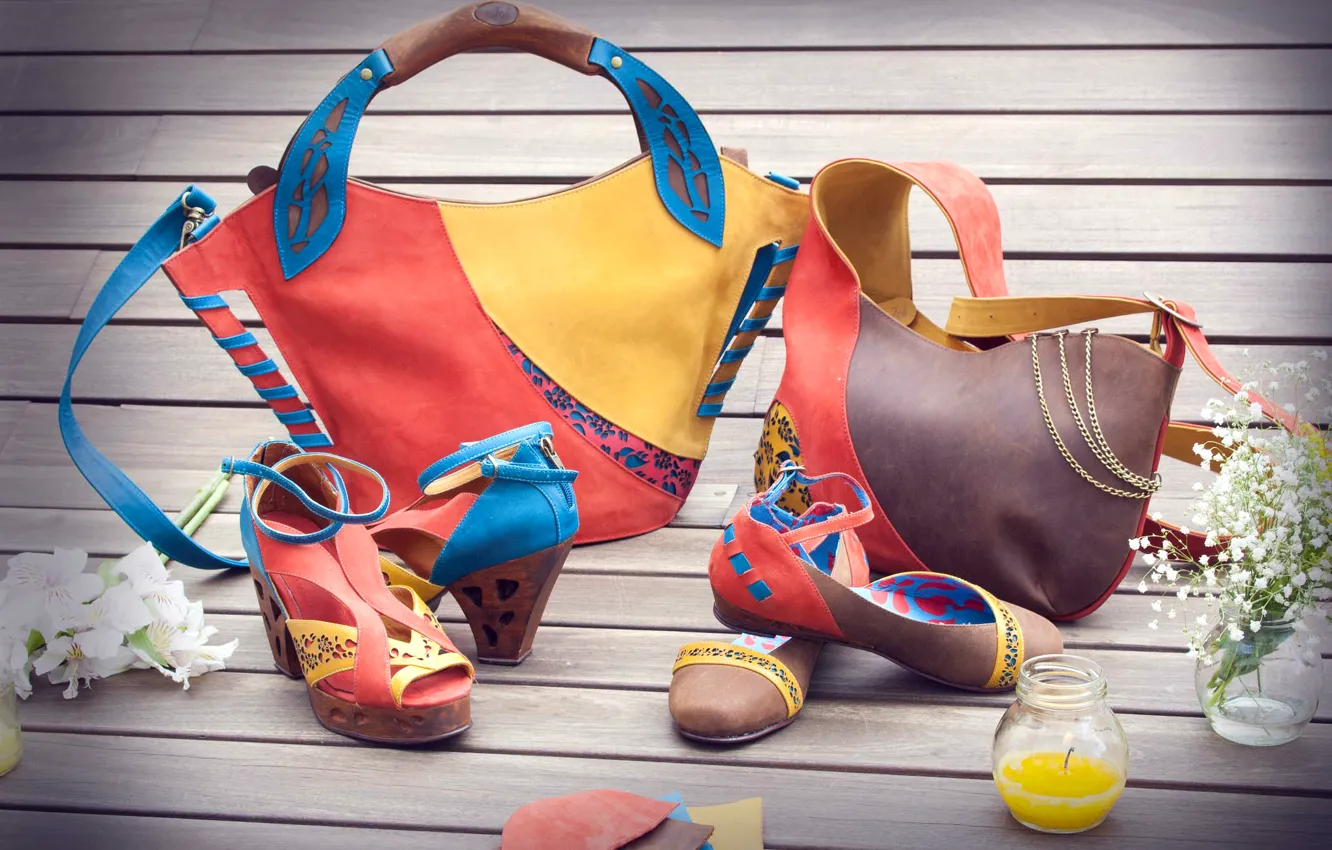 Photo wallpaper design, bright, shoes, leather, bag, fashion, sandals