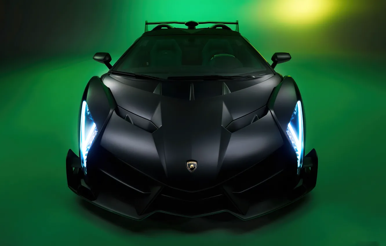 Photo wallpaper power, green background, exterior, Lamborghini Veneno, streamlined shapes, black body
