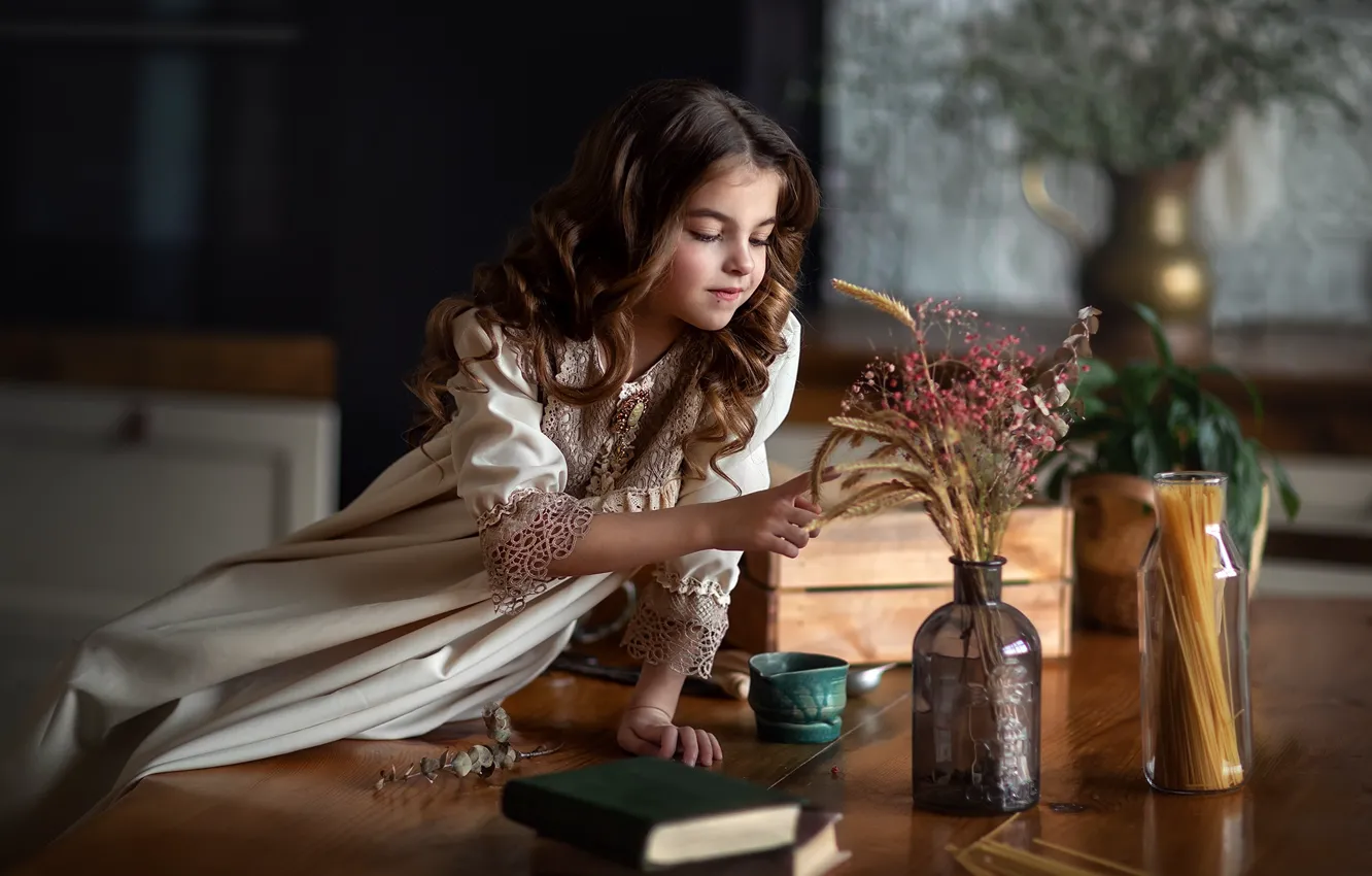 Photo wallpaper flowers, table, dress, girl, book, ears, curls, bottle