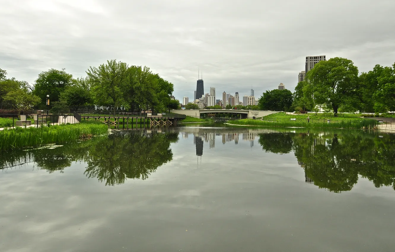 Photo wallpaper greens, the city, river, skyscrapers, Chicago, Illinois