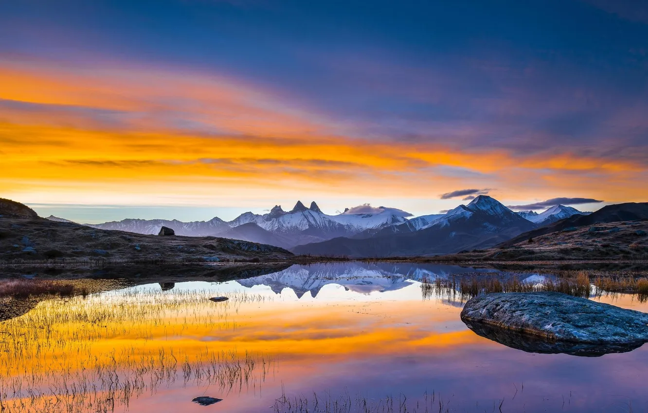 Photo wallpaper snow, landscape, mountains, lake, reflection, dawn