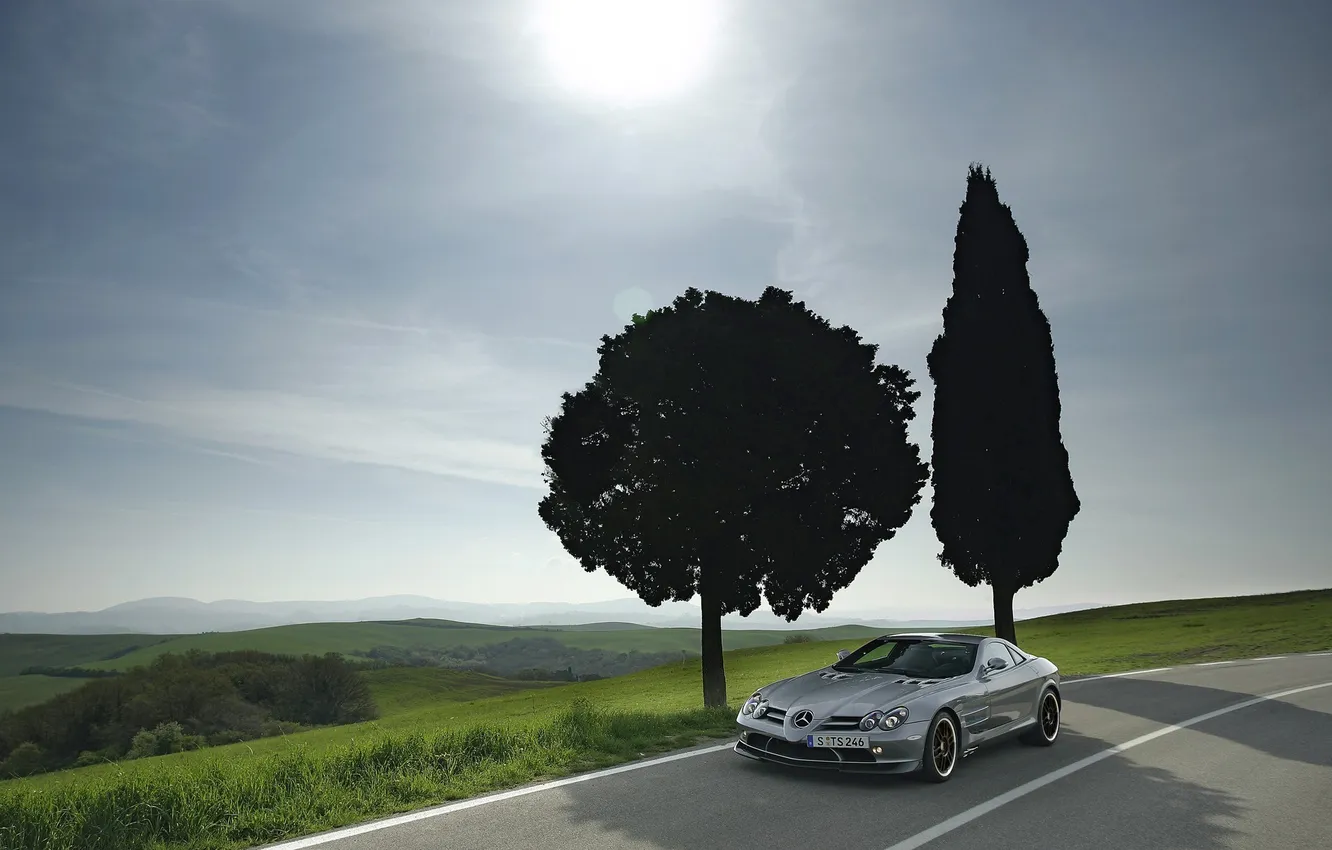 Photo wallpaper road, field, grass, the sun, trees, landscape, photo, shadow