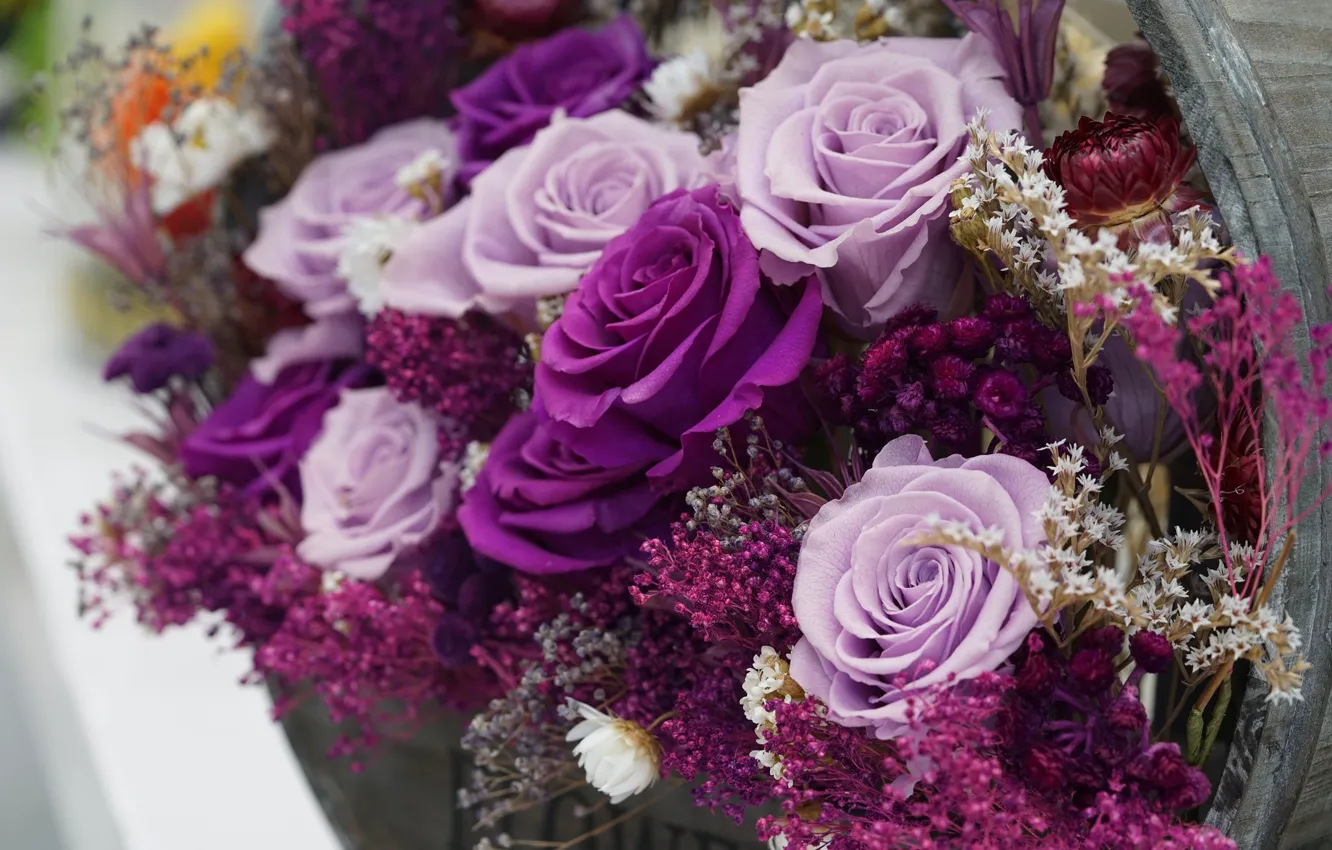 Photo wallpaper pink, roses, bouquet, purple