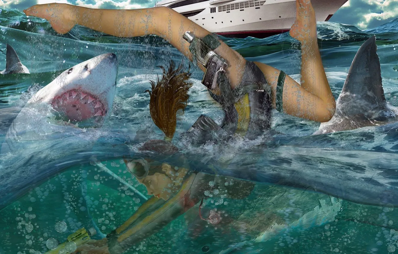 Photo wallpaper Water, shark, Boat, Diving, Harpoon, LARA CROFT, TOMB RAIDER