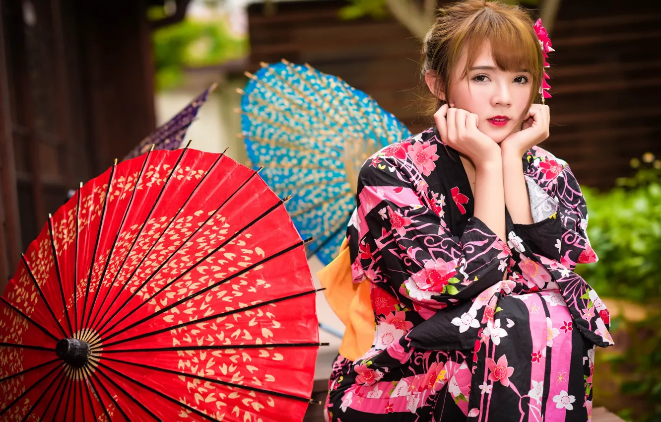 Photo wallpaper look, girl, umbrella, kimono, Asian