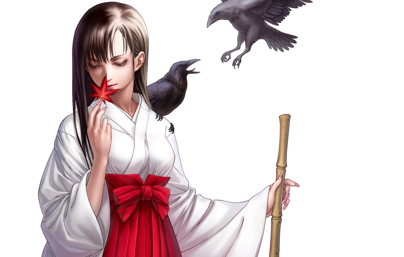 Photo wallpaper leaves, girl, bird, crows