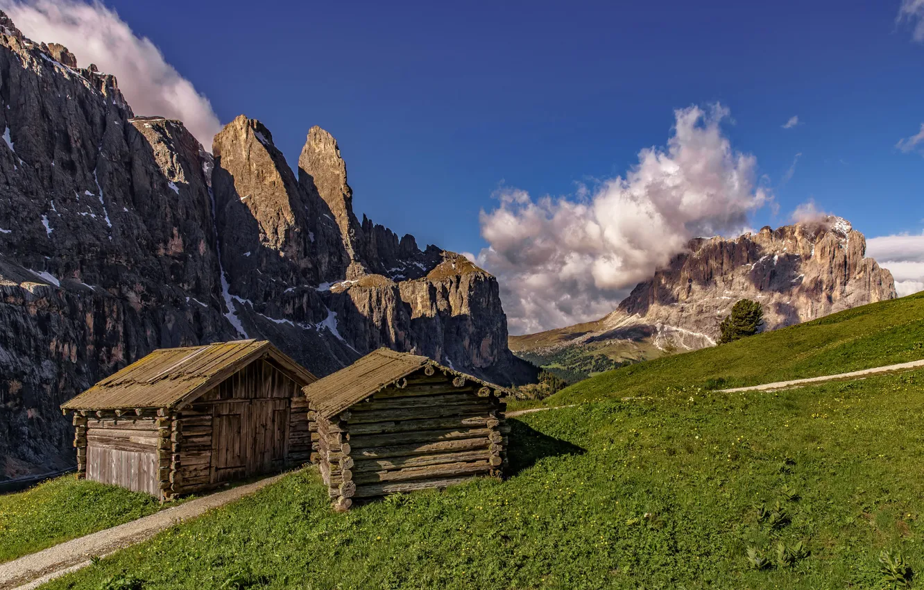 Photo wallpaper mountains, house, slope, The Dolomites