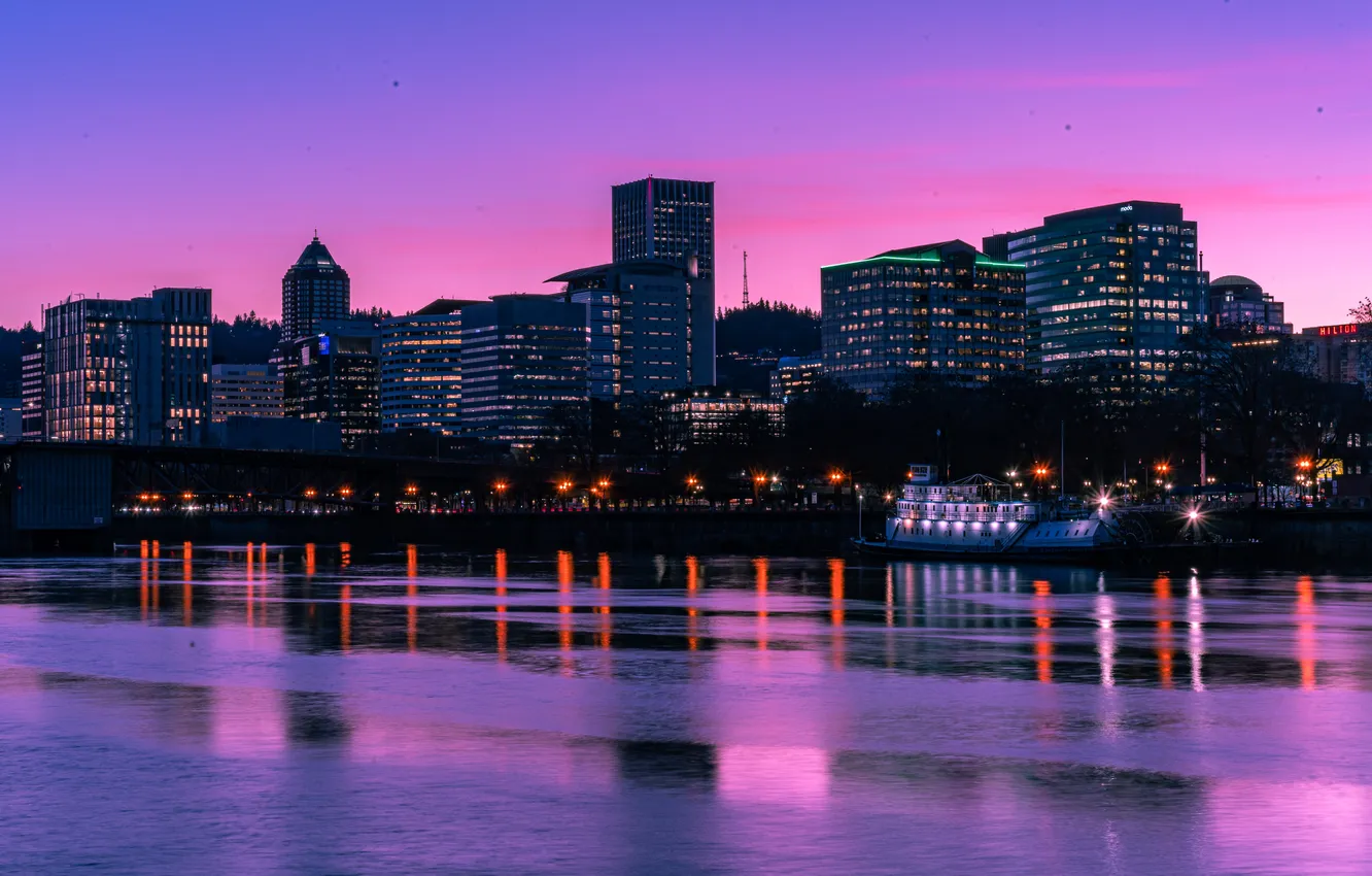 Photo wallpaper the sky, clouds, sunset, city, the city, river, building, the evening
