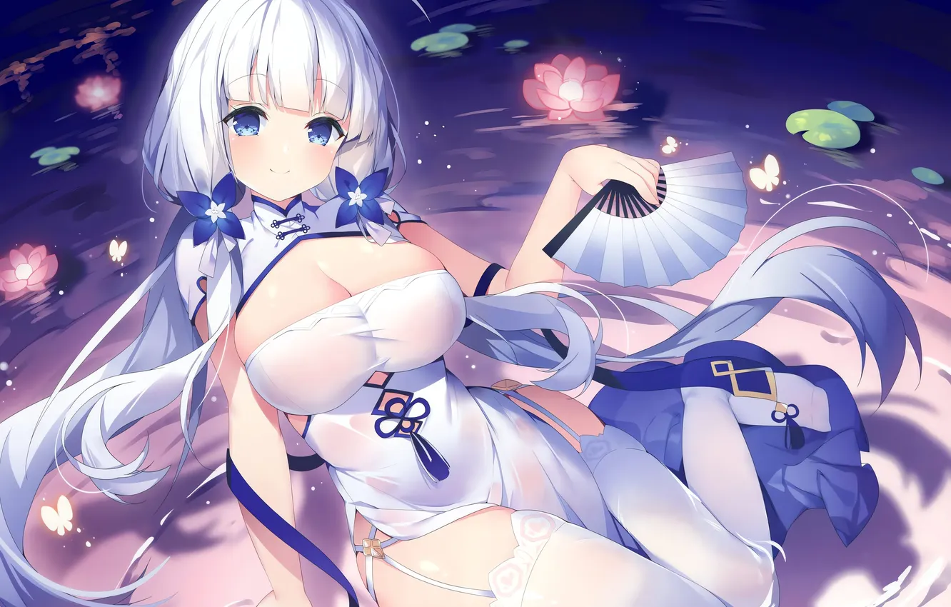 Photo wallpaper girl, sexy, cleavage, thighhighs, long hair, dress, legs, boobs