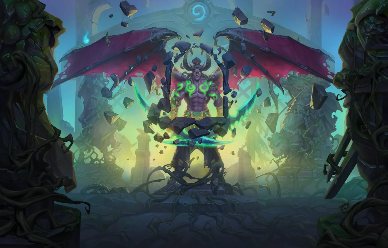 Photo wallpaper stones, the demon, statues, the roots of the tree, Hearthstone Heroes of Warcraft, Hearthstone Heroes …