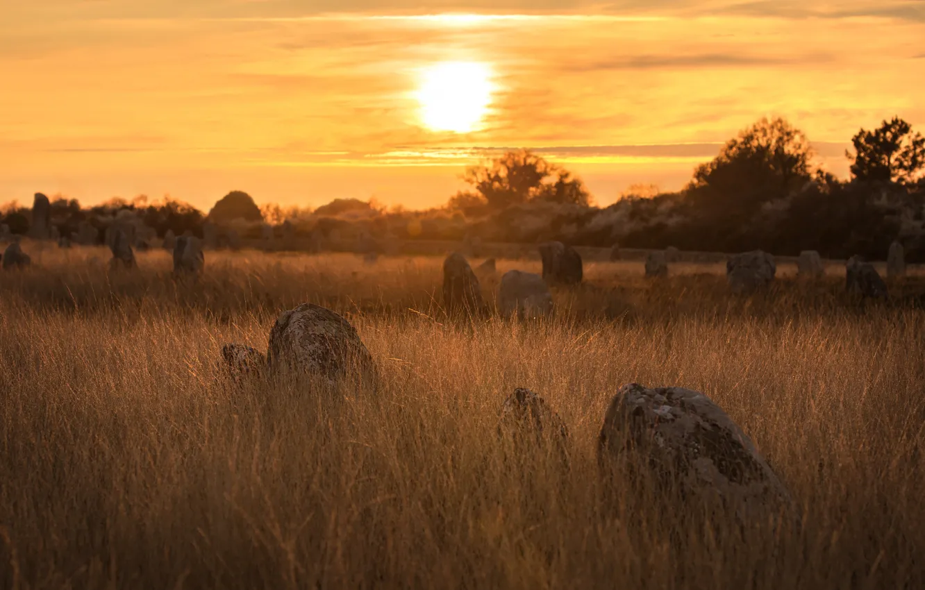 Photo wallpaper field, grass, sunset, stones, boulders