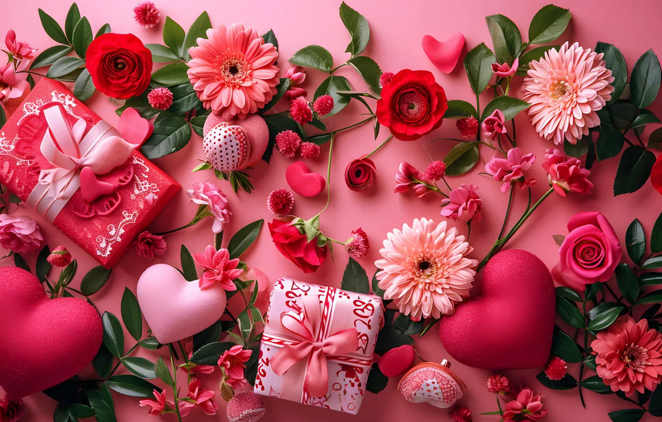 Photo wallpaper love, flowers, gift, romance, heart, love, Valentine's day, flowers