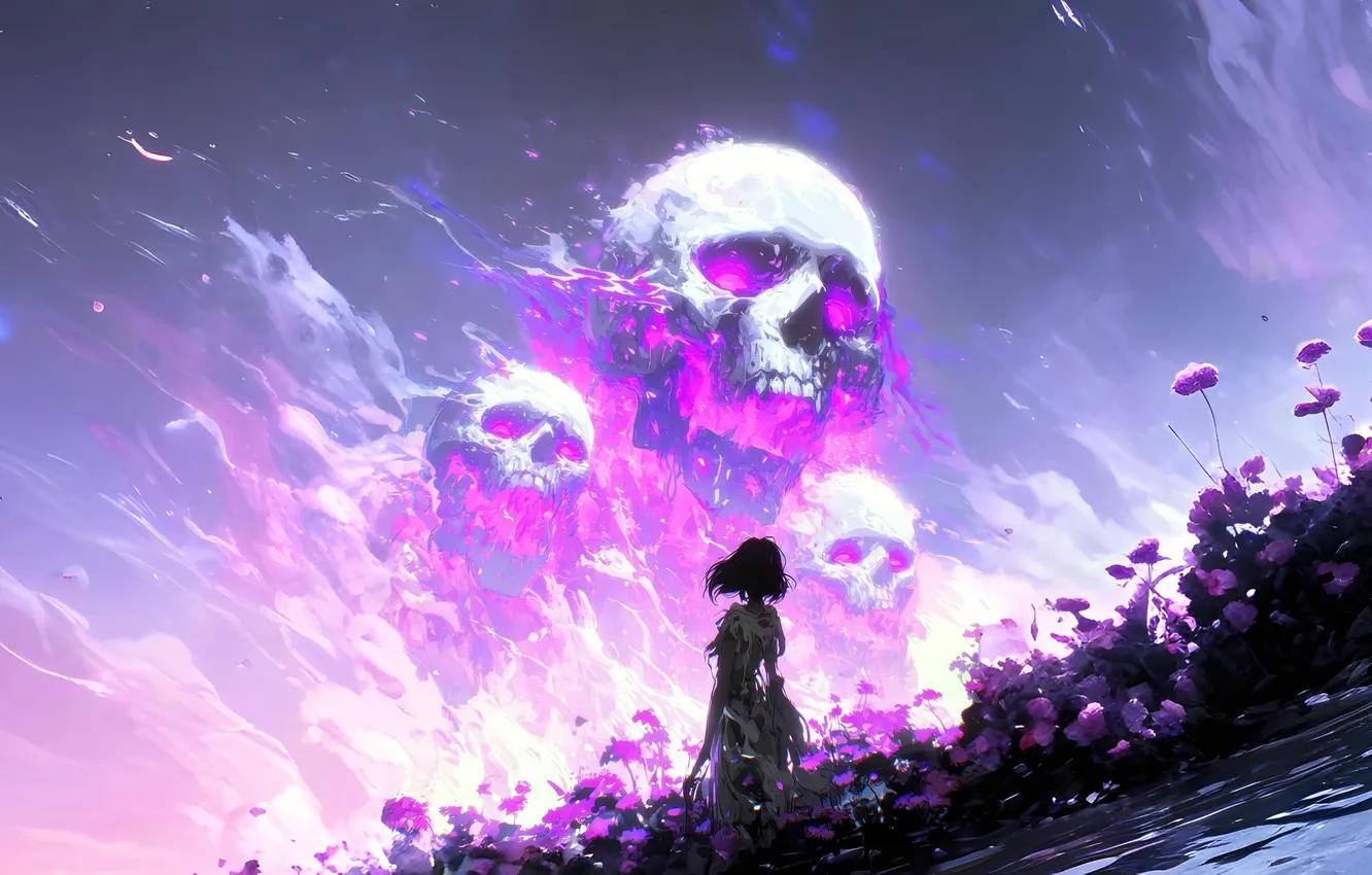 Photo wallpaper sake, flowers, purple, lone figure, AI Art