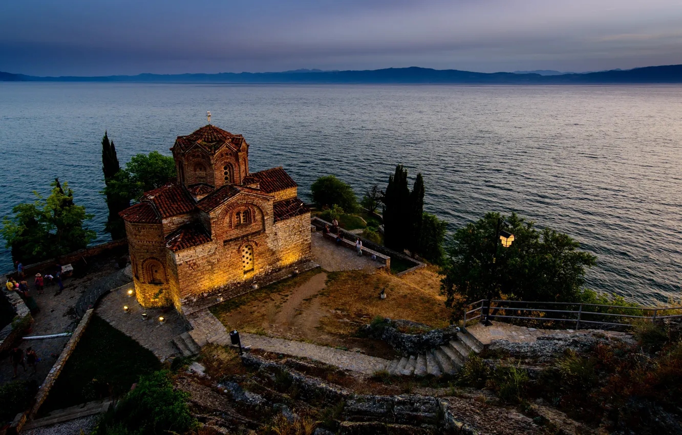 Photo wallpaper landscape, nature, lake, Church, twilight, Macedonia, Ohrid