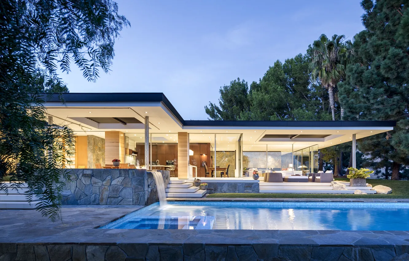 Photo wallpaper Villa, the evening, pool, lighting, architecture, California, terrace, California