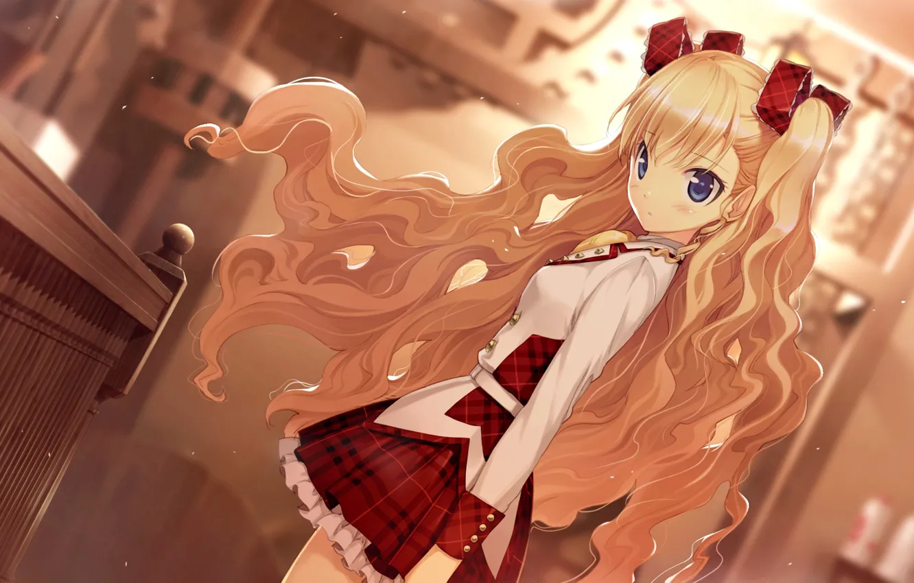 Photo wallpaper skirt, girl, blush, blue eyes, school uniform, long hair, bandeau, blonde hair